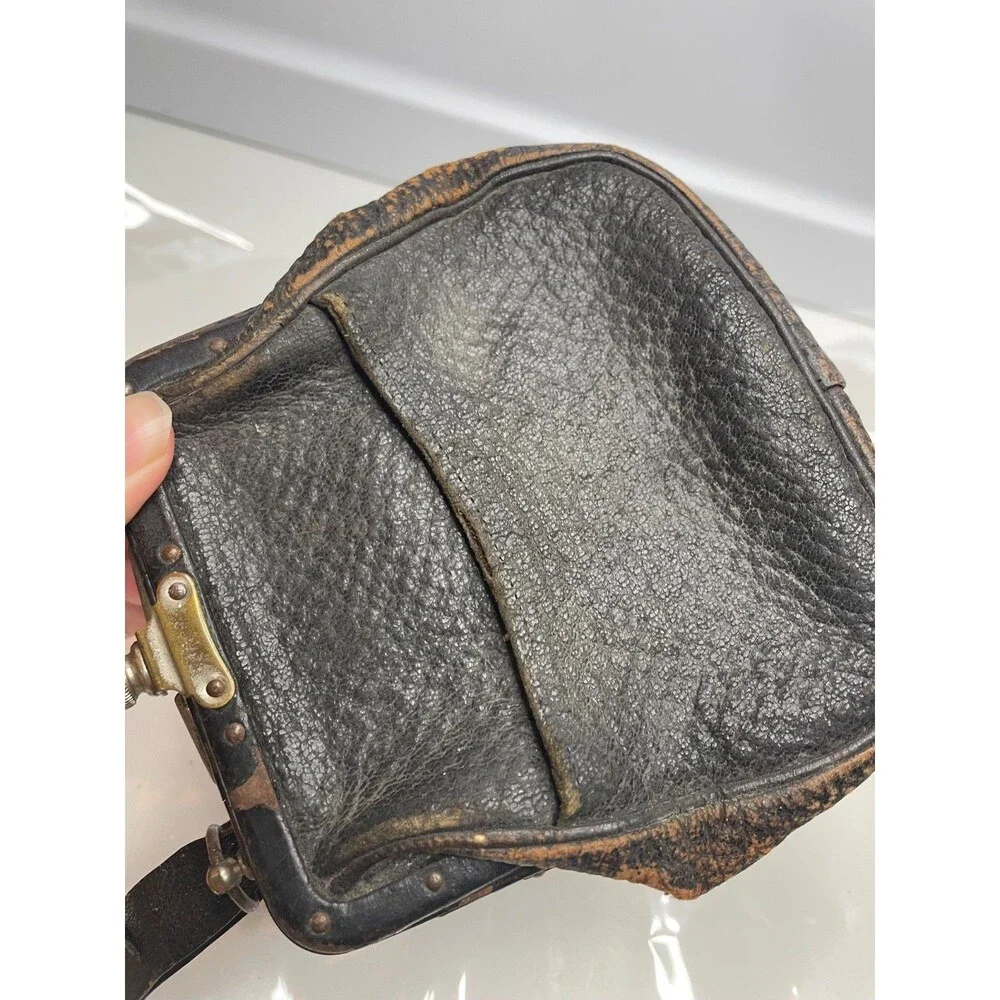 victorian Antique Chatelaine Silver Latch black Leather Purse 1890s